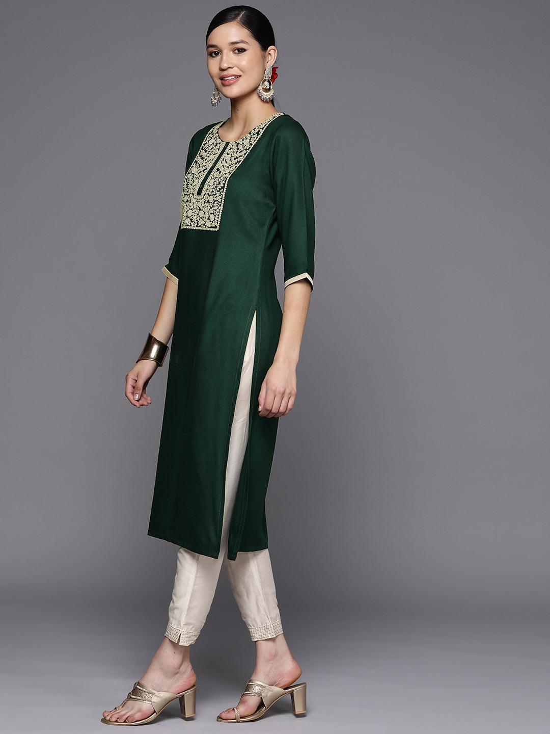 Green Yoke Design Wool Straight Kurta - Libas