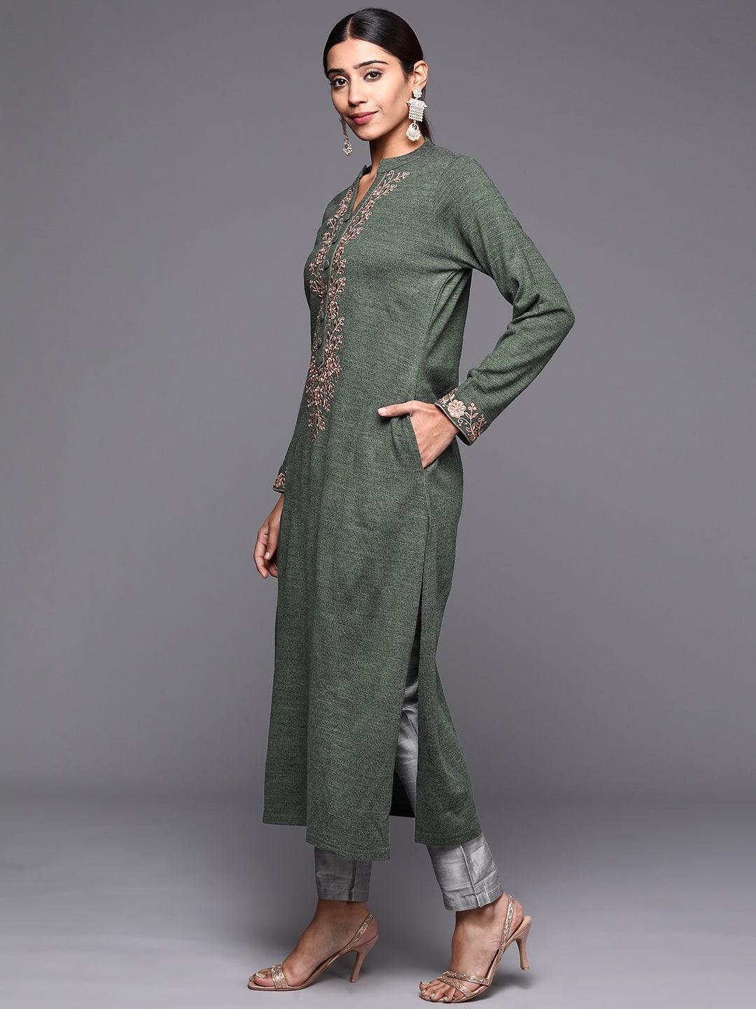 Green Yoke Design Wool Straight Kurta