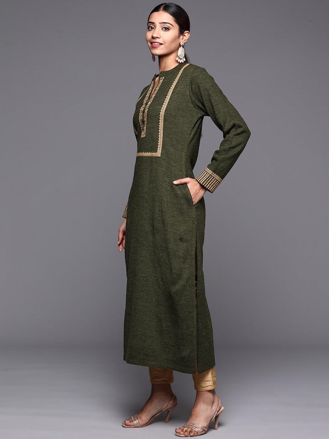 Green Yoke Design Wool Straight Kurta