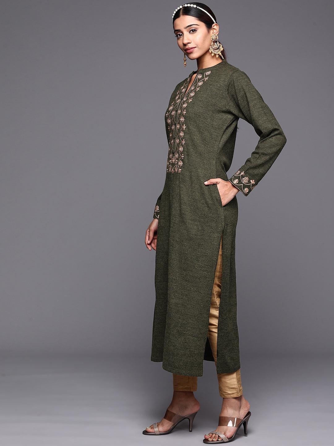 Green Yoke Design Wool Straight Kurta