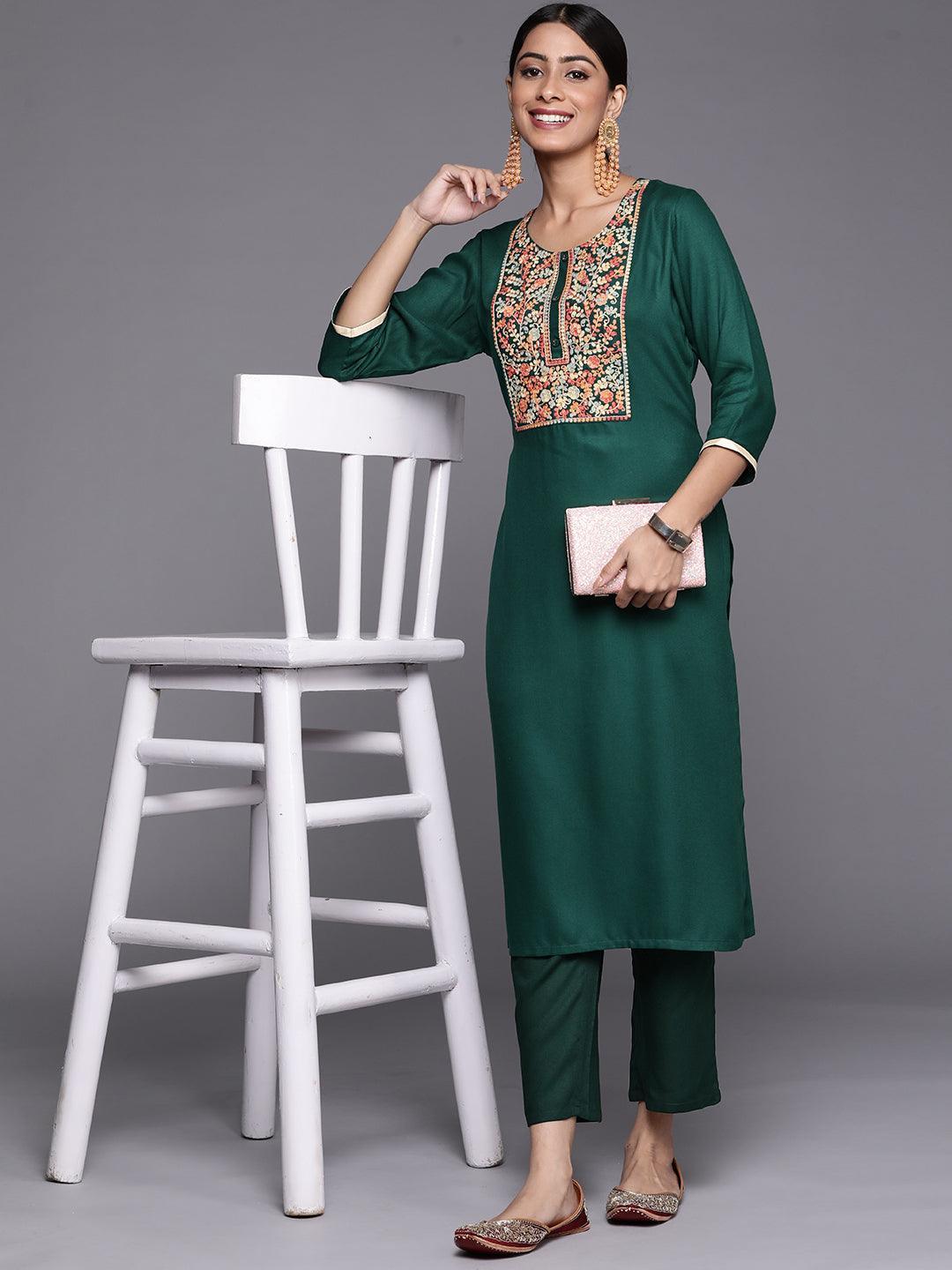 Green Yoke Design Wool Straight Kurta