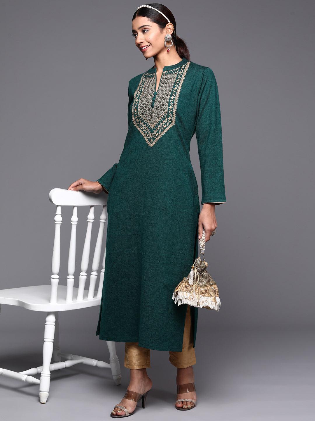 Green Yoke Design Wool Straight Kurta