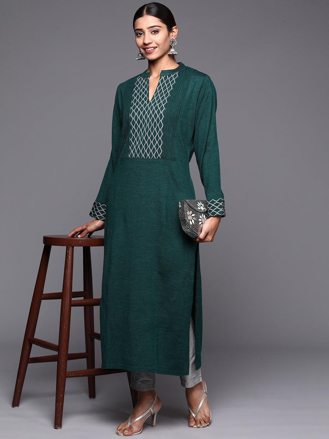 Green Yoke Design Wool Straight Kurta - ShopLibas