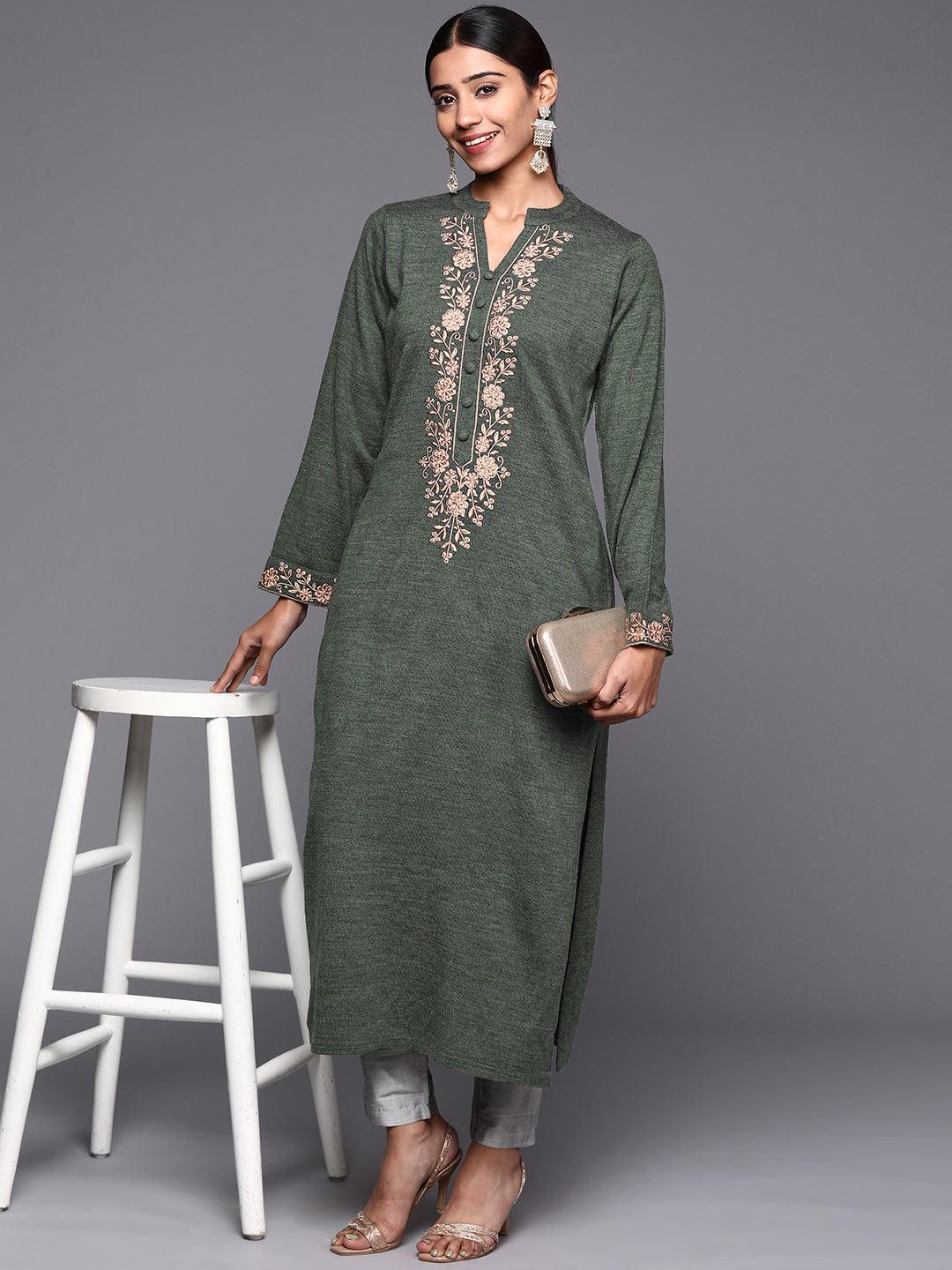 Green Yoke Design Wool Straight Kurta - ShopLibas