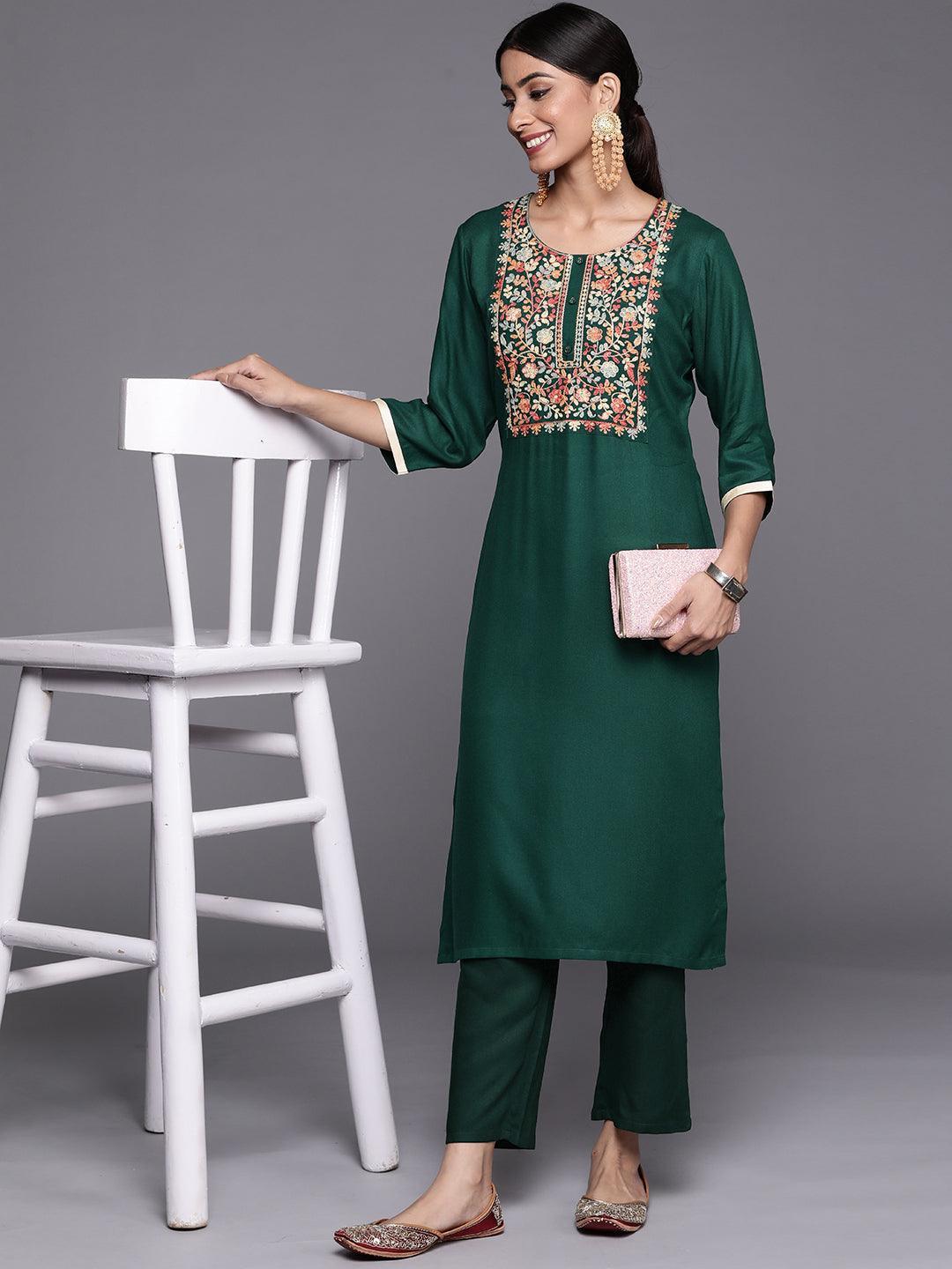 Green Yoke Design Wool Straight Kurta - ShopLibas