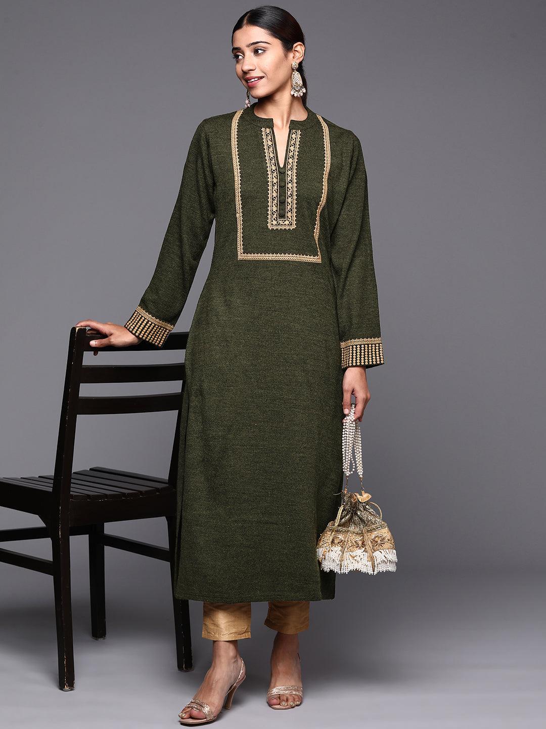 Green Yoke Design Wool Straight Kurta