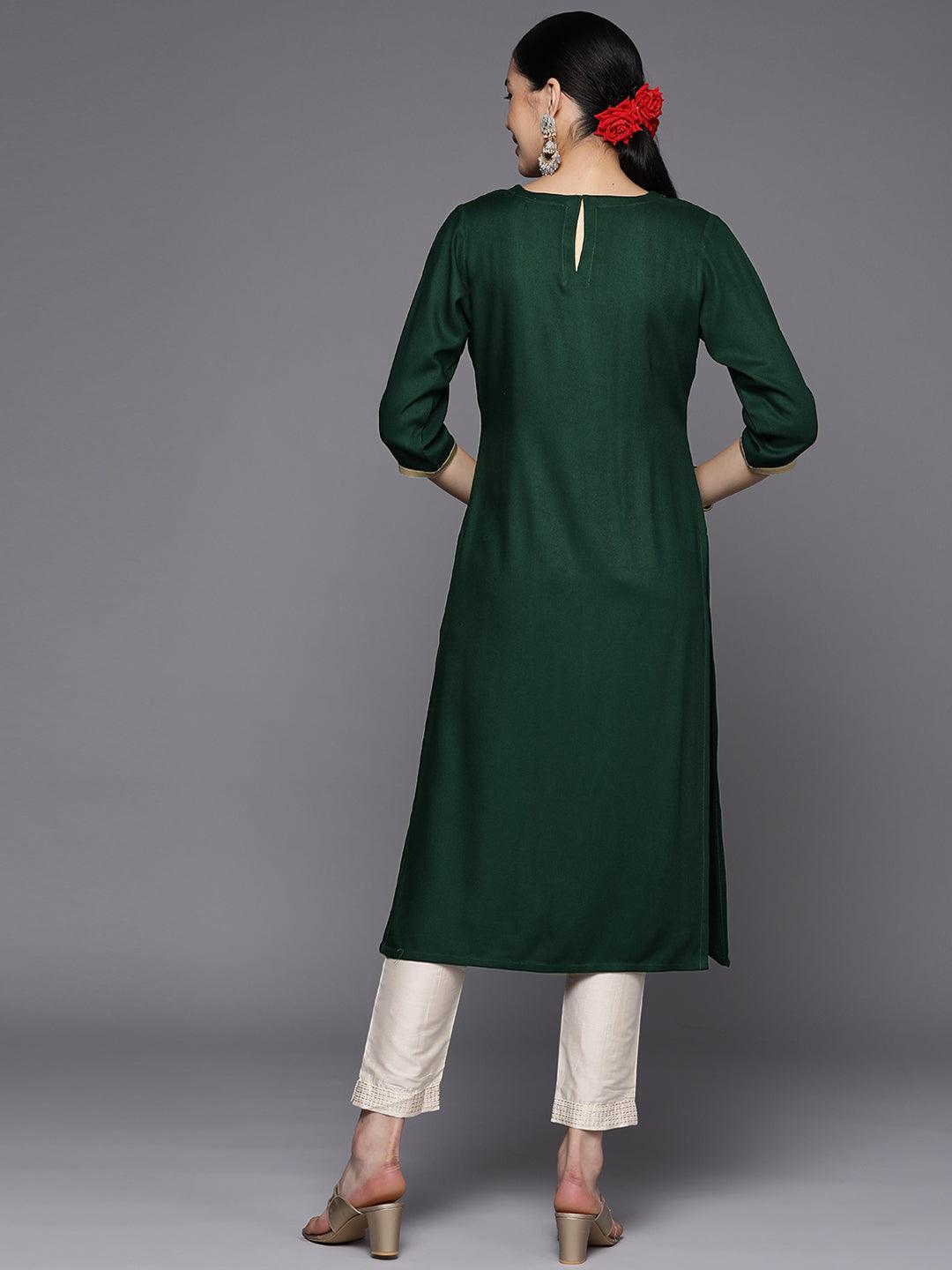 Green Yoke Design Wool Straight Kurta - Libas