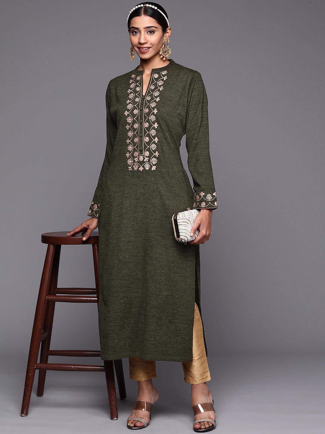 Green Yoke Design Wool Straight Kurta