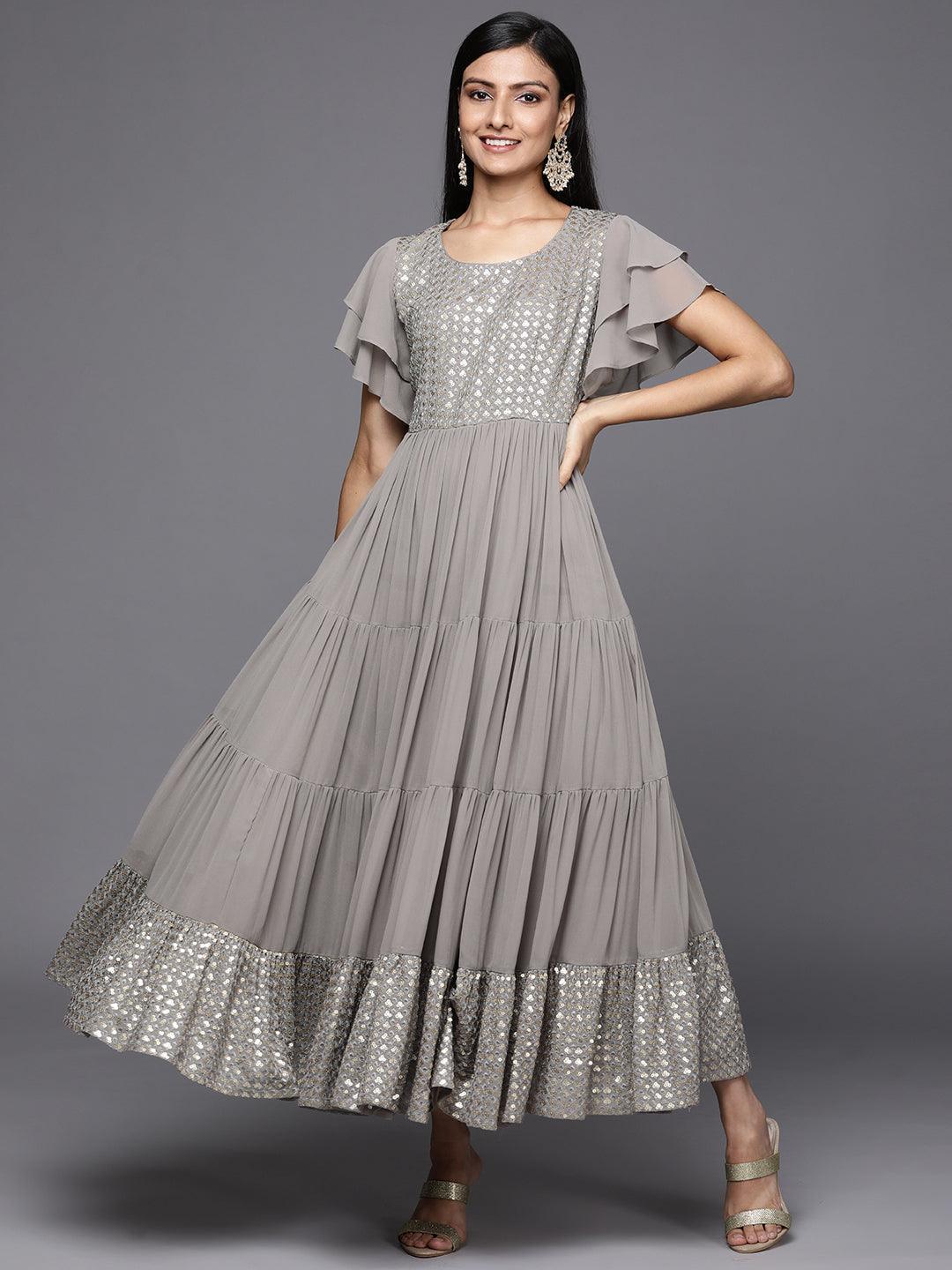 Grey Embellished Georgette Fit and Flare Dress