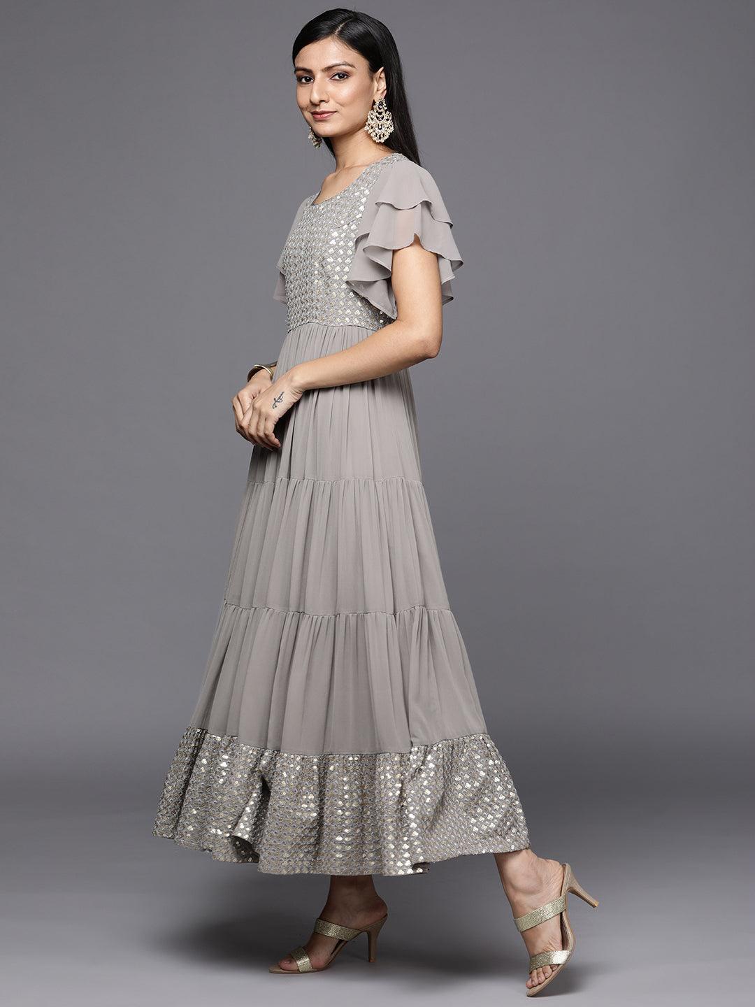 Grey Embellished Georgette Fit and Flare Dress