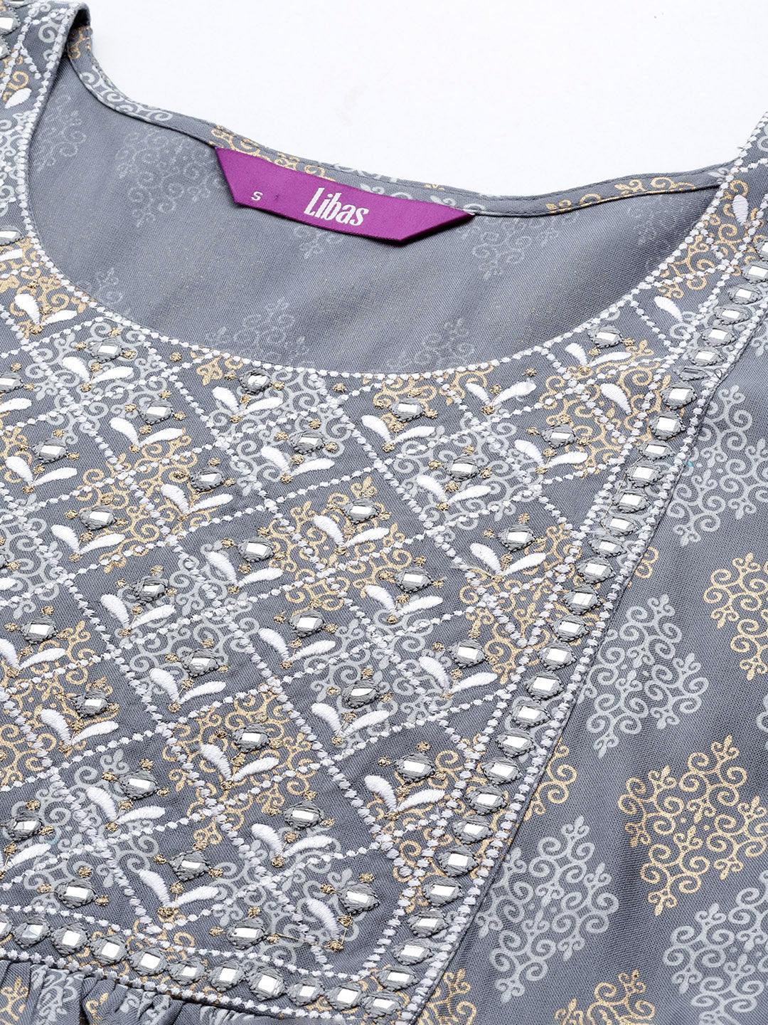 Grey Embellished Rayon A-Line Kurta - ShopLibas