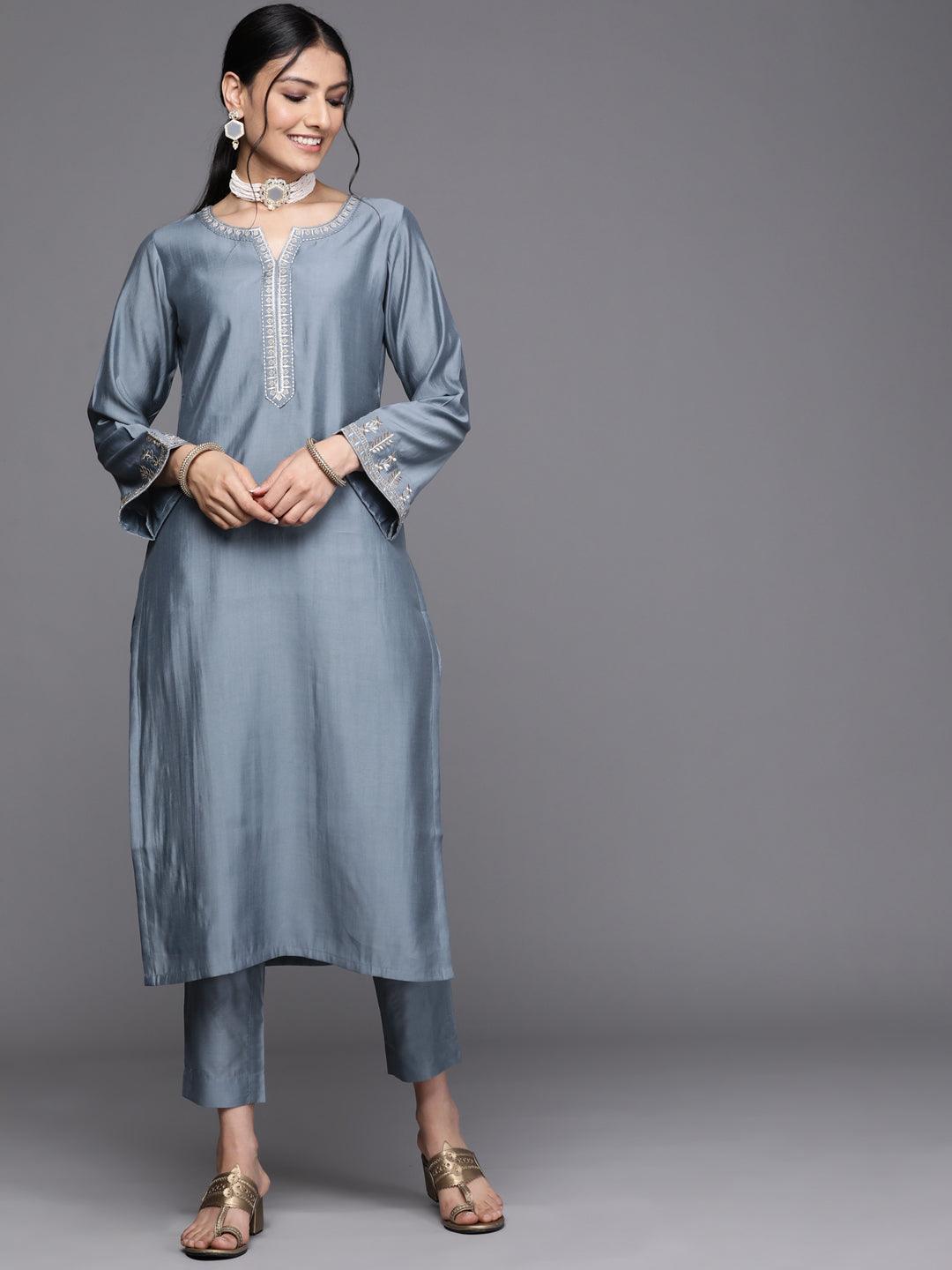 Grey Embroidered Chanderi Silk Kurta