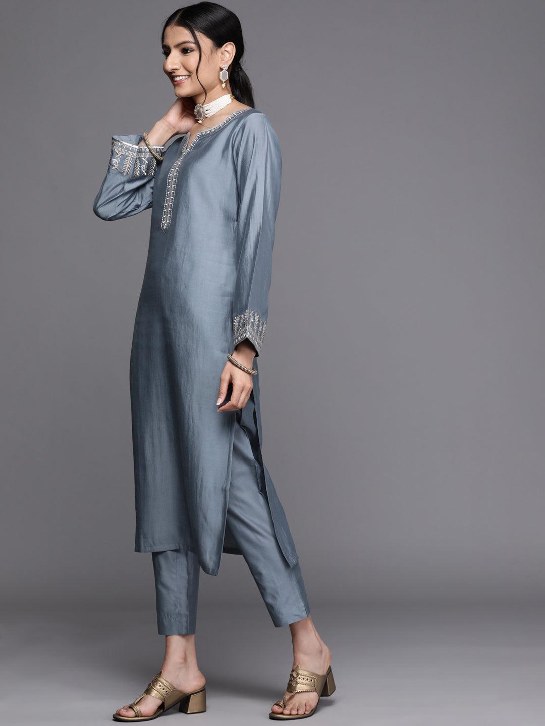 Grey Embroidered Chanderi Silk Kurta