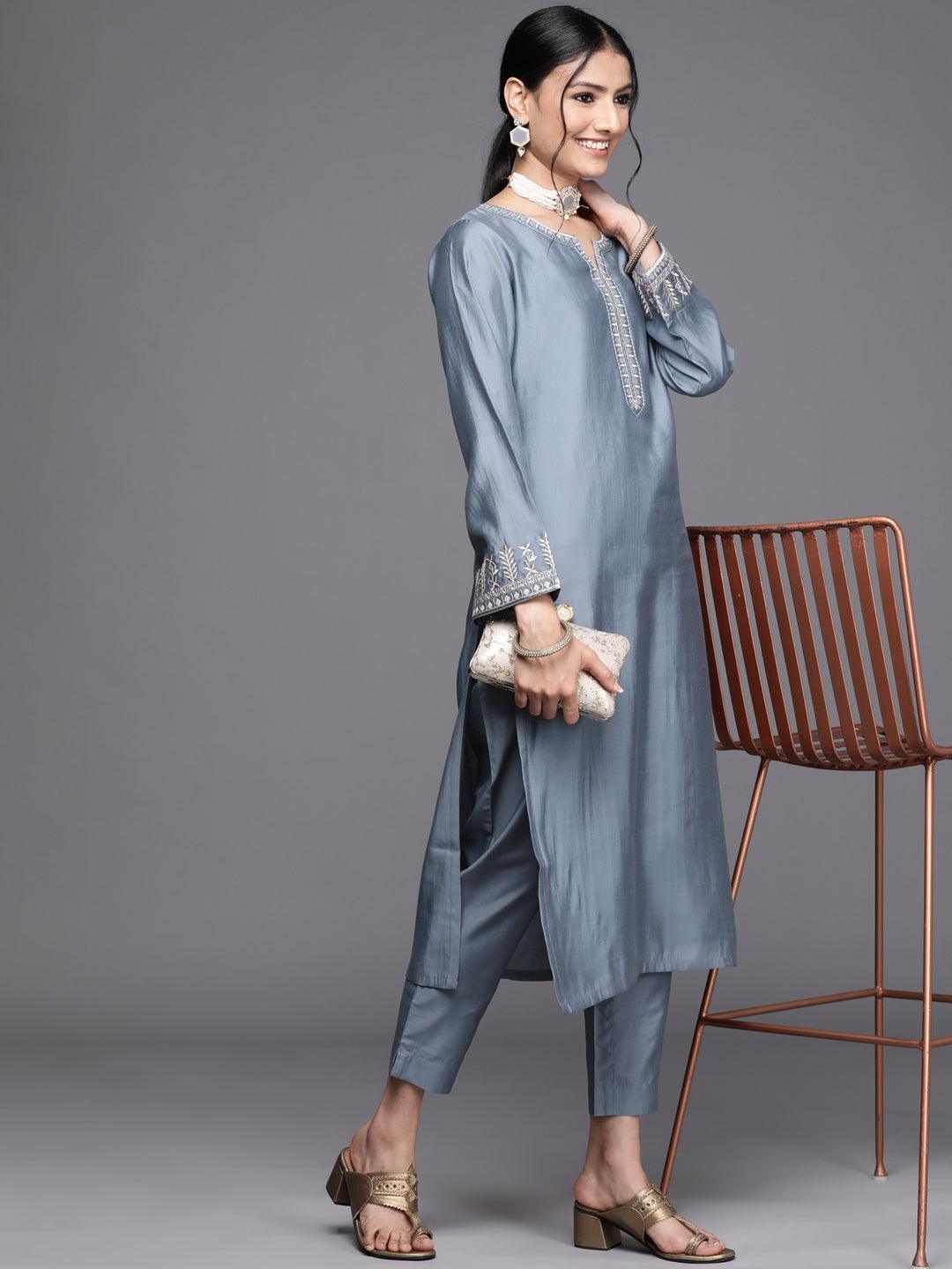 Grey Embroidered Chanderi Silk Kurta