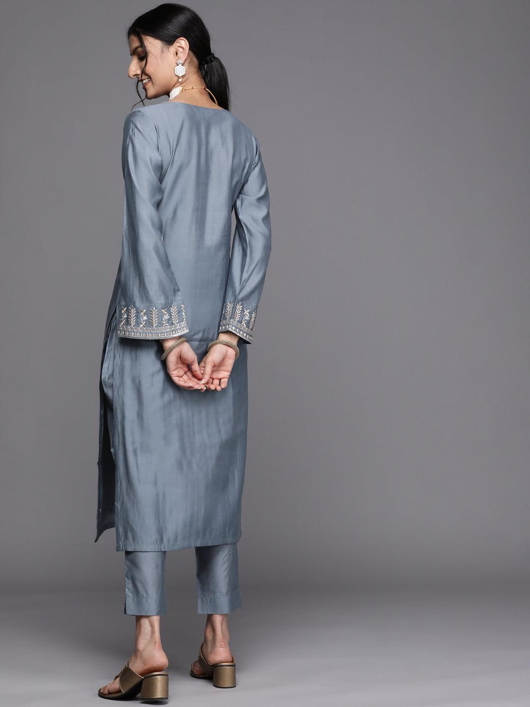 Grey Embroidered Chanderi Silk Kurta