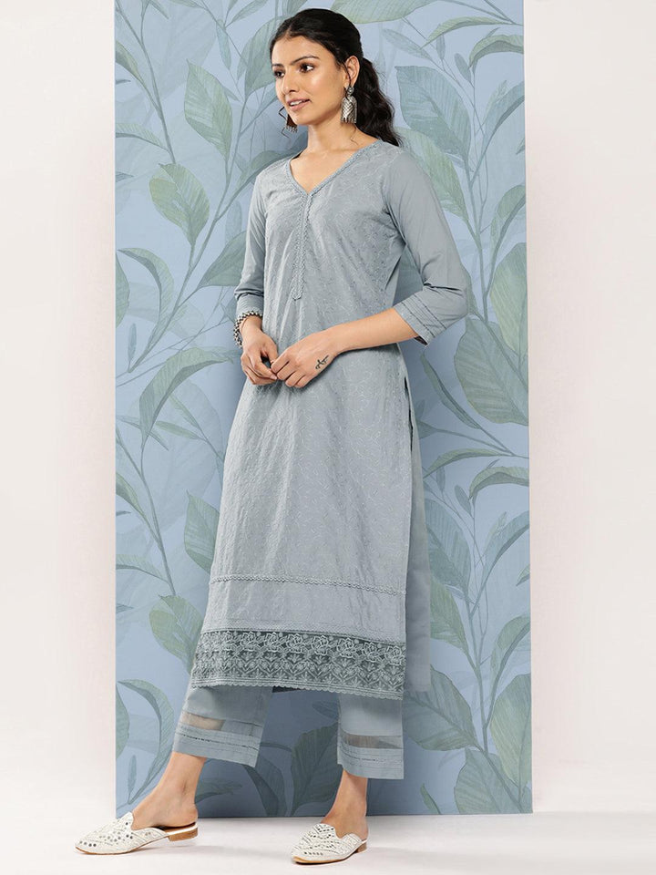 Grey Embroidered Cotton Straight Suit Set With Trousers - Libas