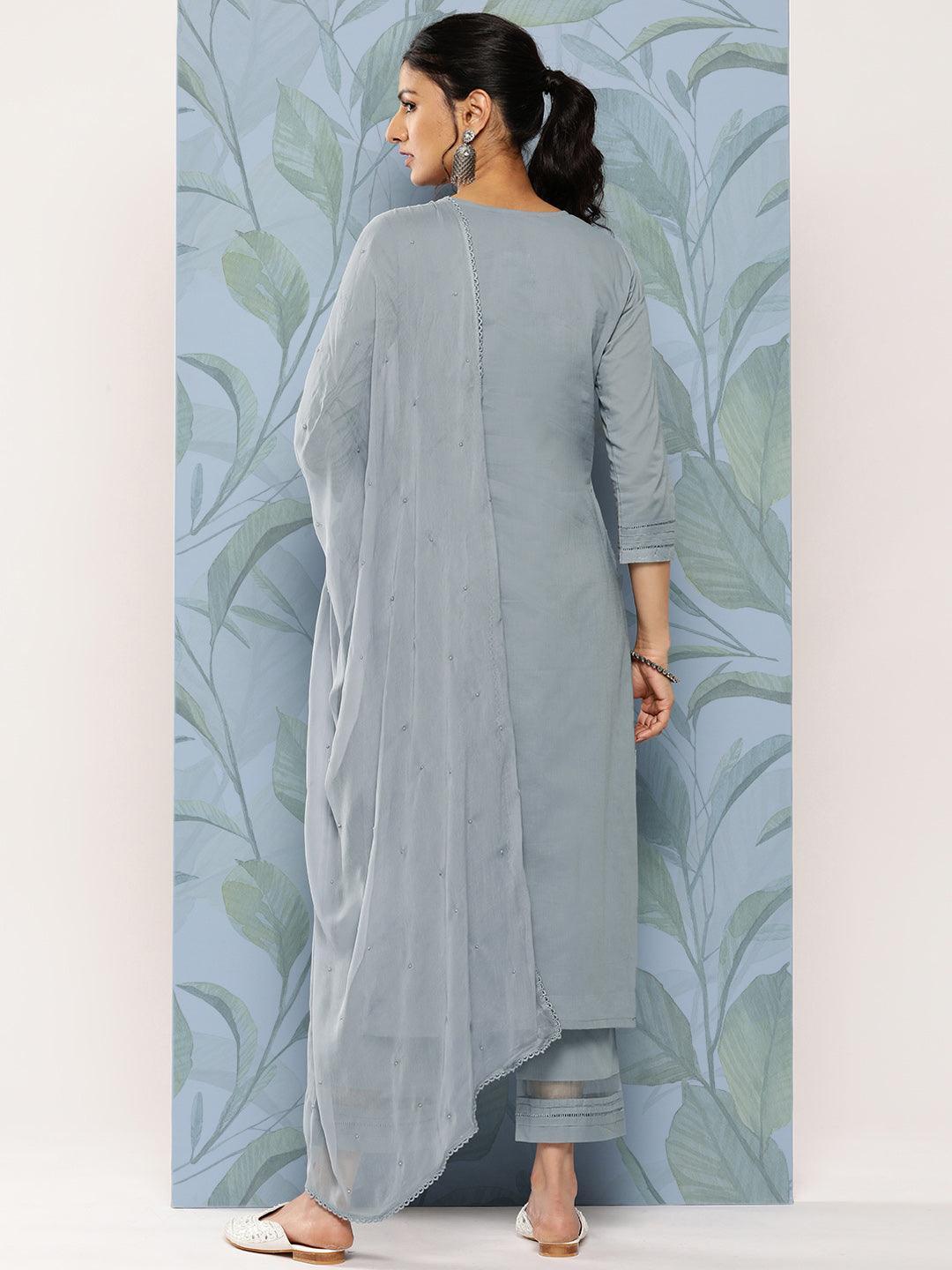 Grey Embroidered Cotton Straight Suit Set With Trousers - Libas