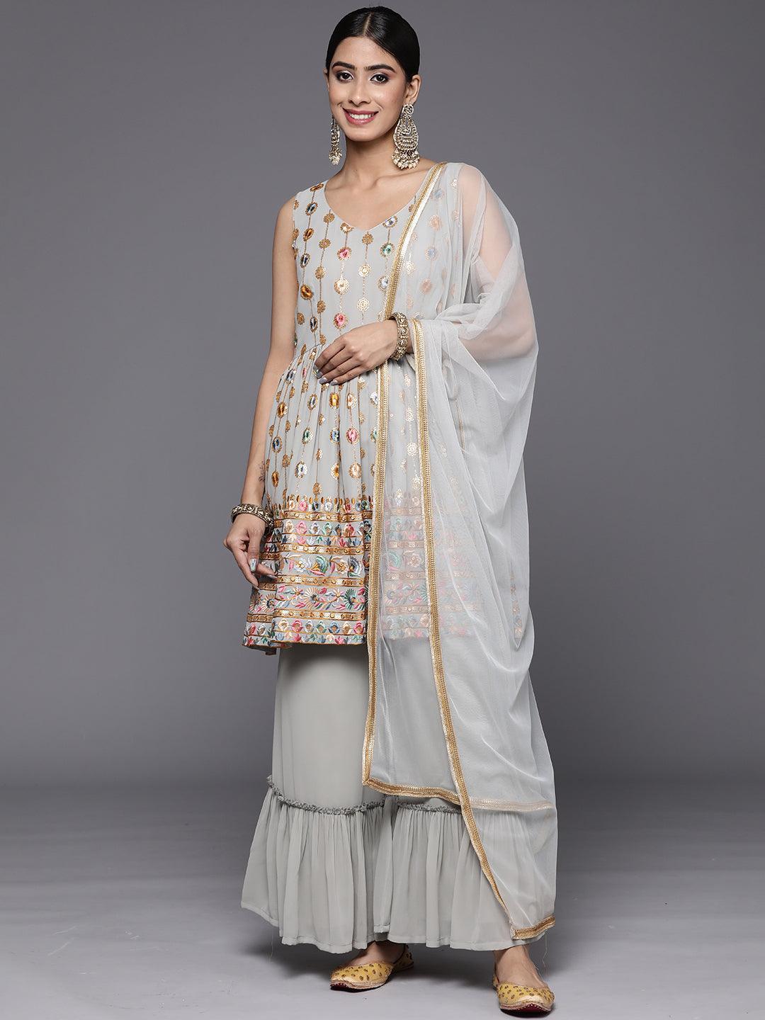 Grey Embroidered Georgette A-Line Suit Set With Palazzos