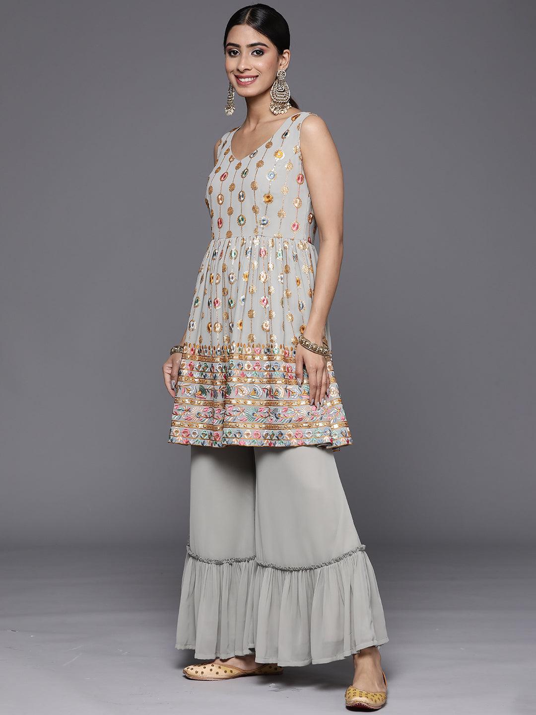 Grey Embroidered Georgette A-Line Suit Set With Palazzos