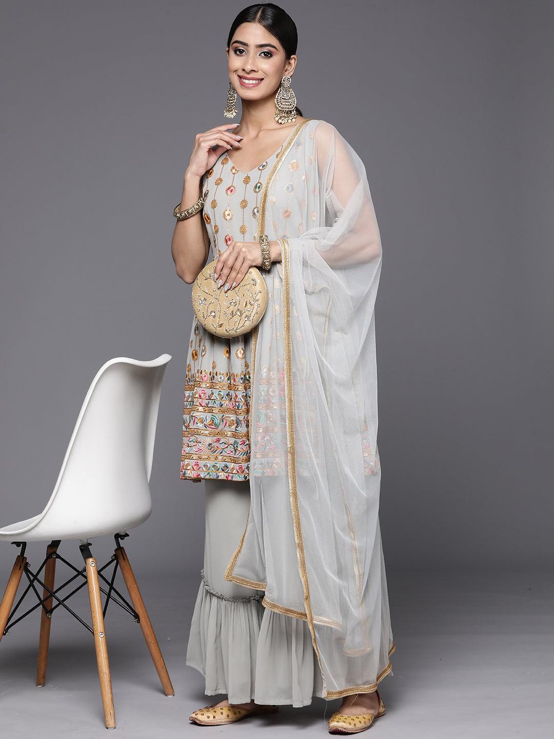 Grey Embroidered Georgette A-Line Suit Set With Palazzos