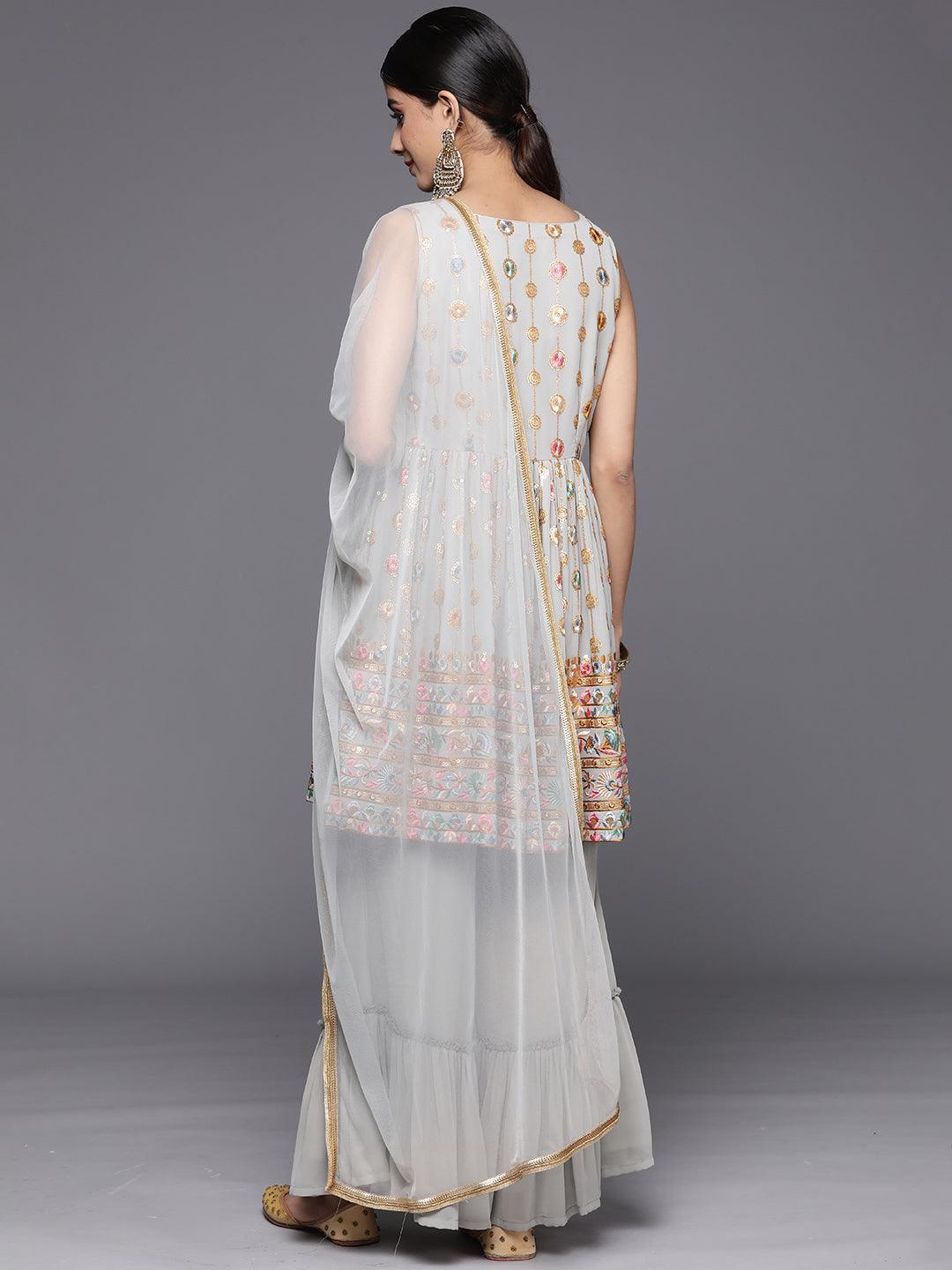 Grey Embroidered Georgette A-Line Suit Set With Palazzos