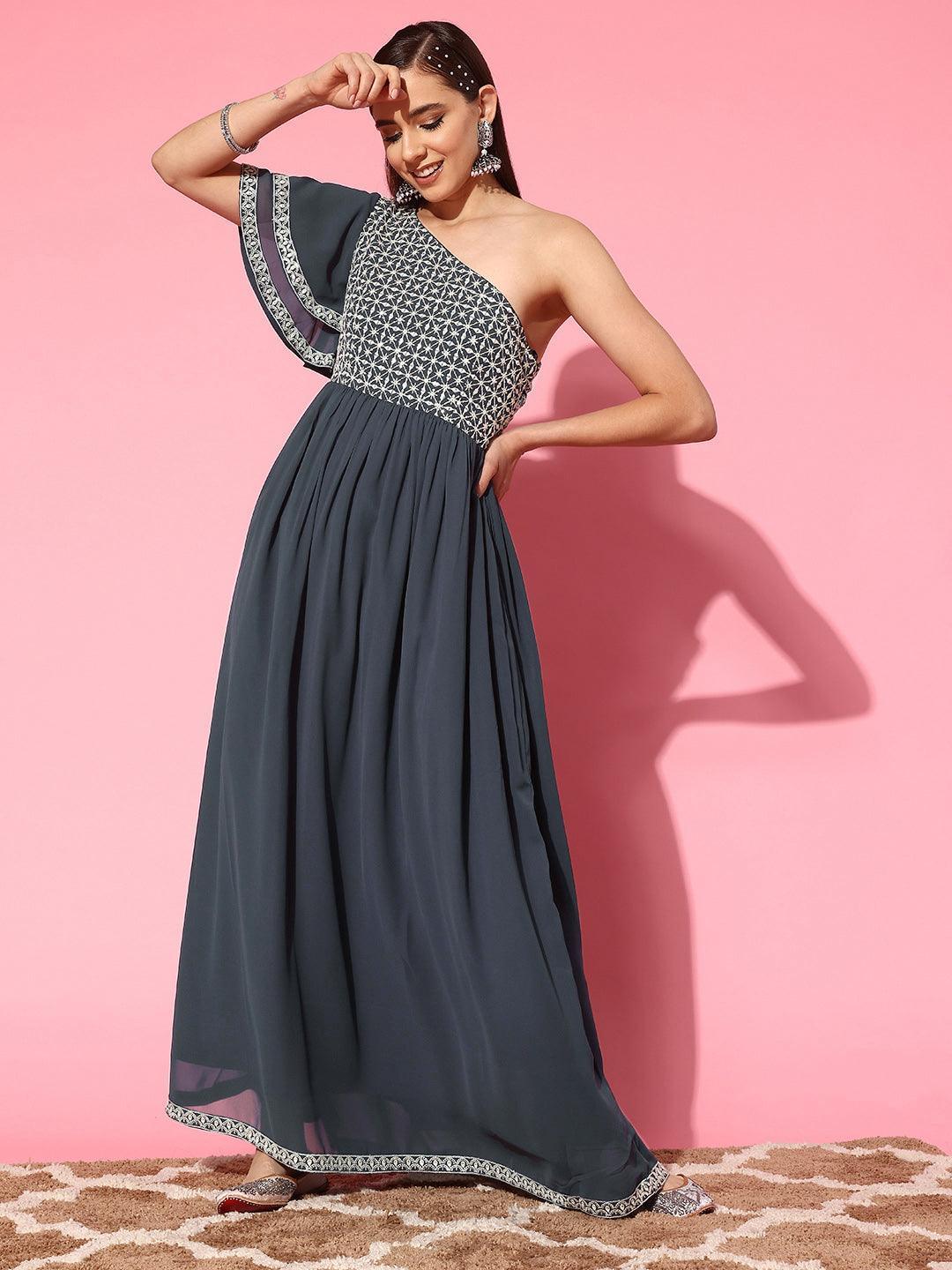 Grey Embroidered Georgette Gown