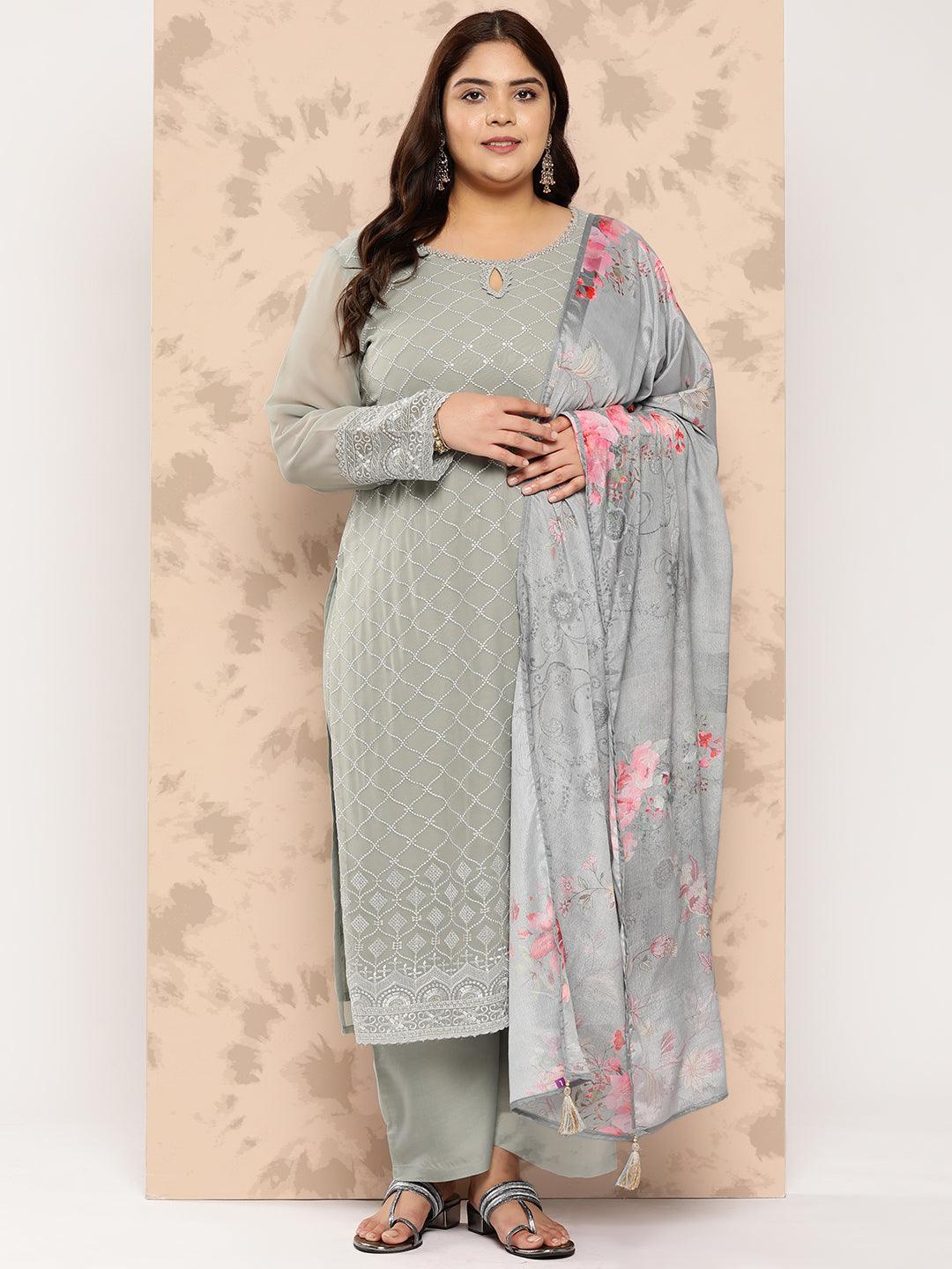 Grey Embroidered Georgette Straight Kurta With Trousers and Dupatta