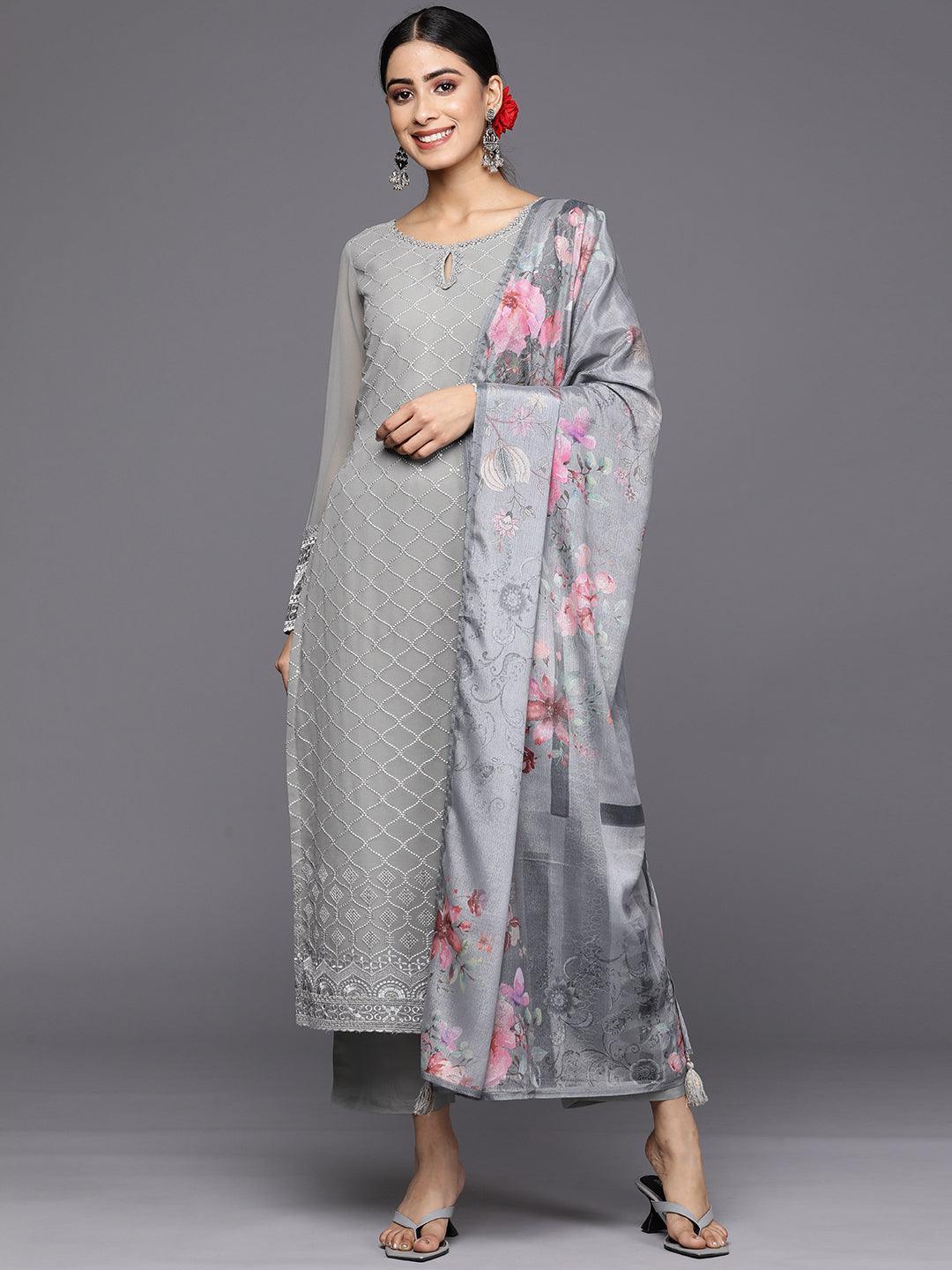 Grey Embroidered Georgette Straight Suit Set With Trousers - ShopLibas