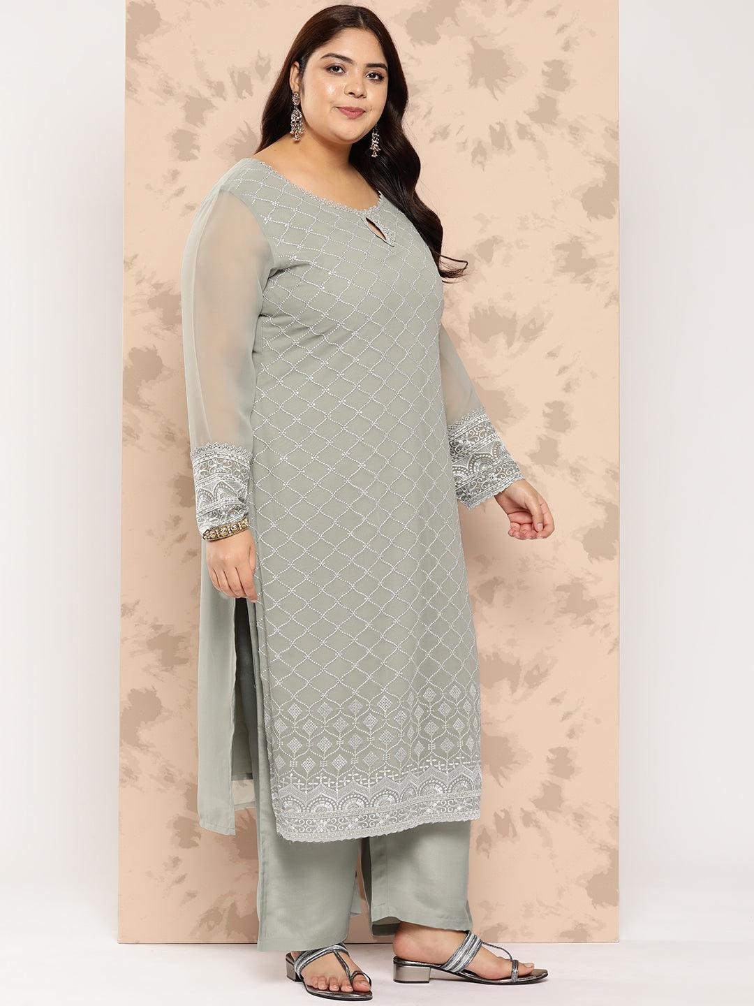 Grey Embroidered Georgette Straight Kurta With Trousers and Dupatta