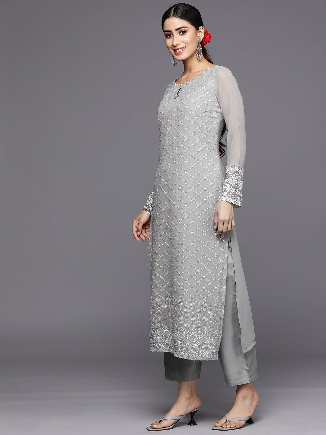 Grey Embroidered Georgette Straight Suit Set With Trousers - ShopLibas