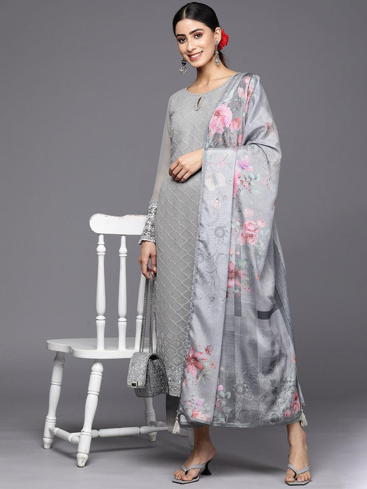 Grey Embroidered Georgette Straight Suit Set With Trousers - ShopLibas