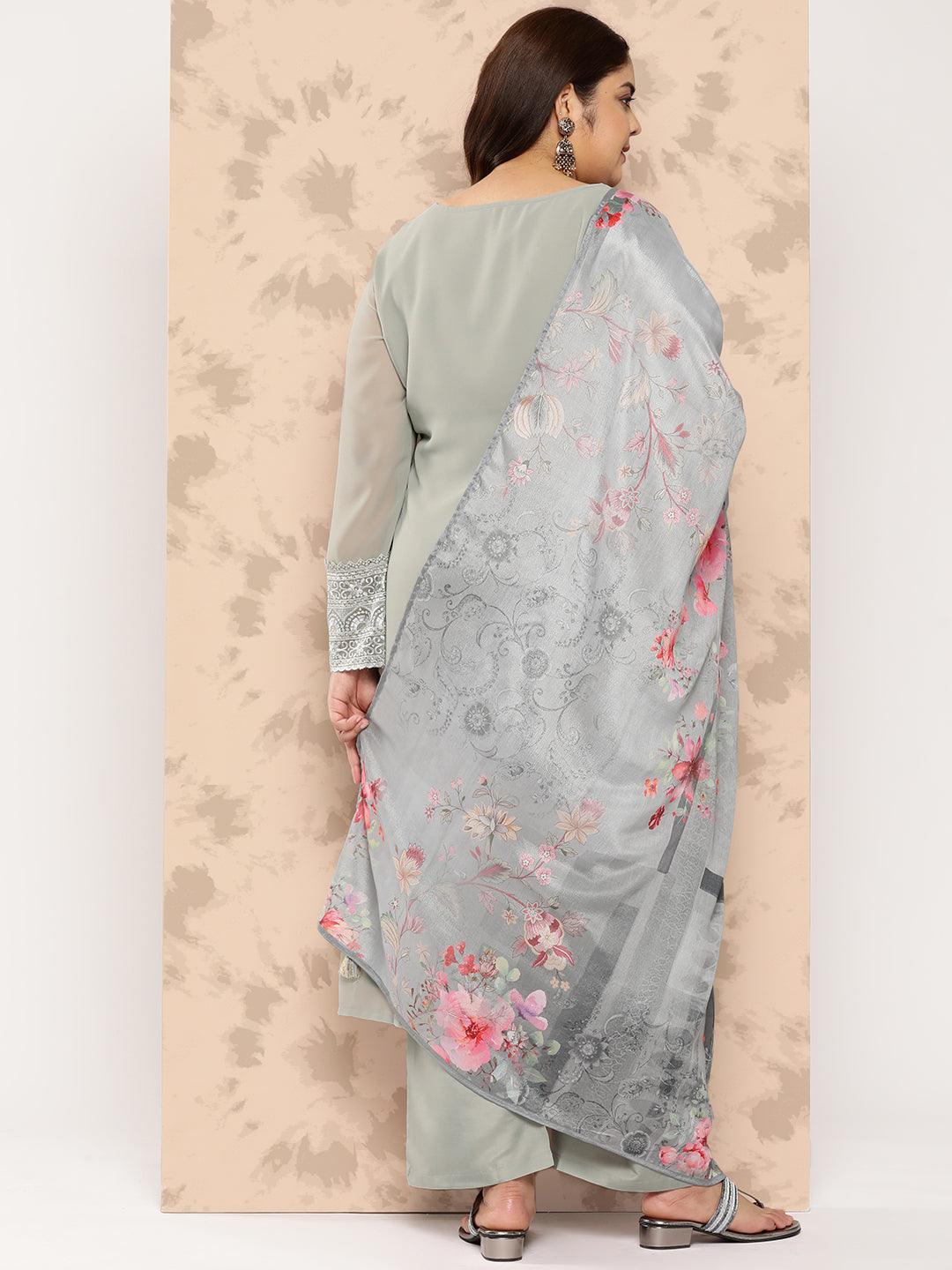 Grey Embroidered Georgette Straight Kurta With Trousers and Dupatta