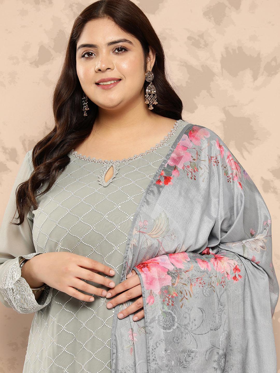 Grey Embroidered Georgette Straight Kurta With Trousers and Dupatta