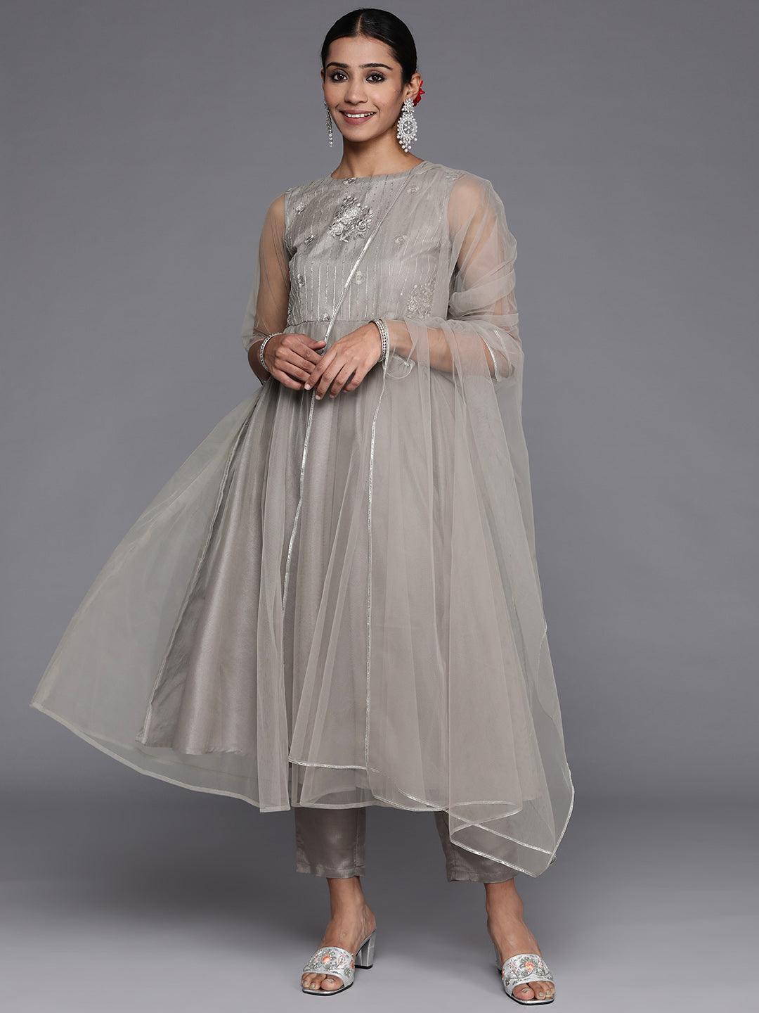 Grey Embroidered Net Anarkali Kurta With Trousers & Dupatta