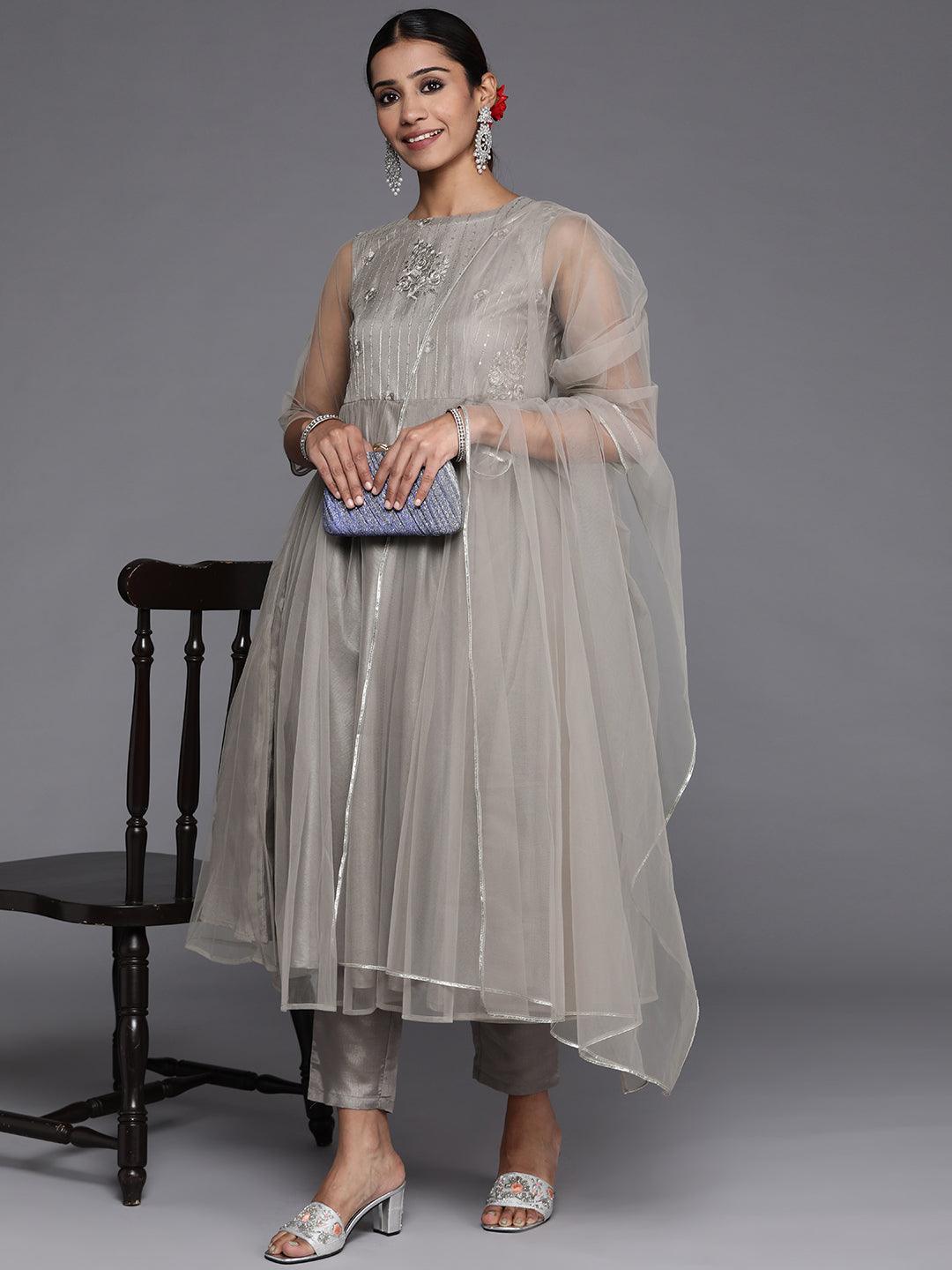 Grey Embroidered Net Anarkali Kurta With Trousers & Dupatta