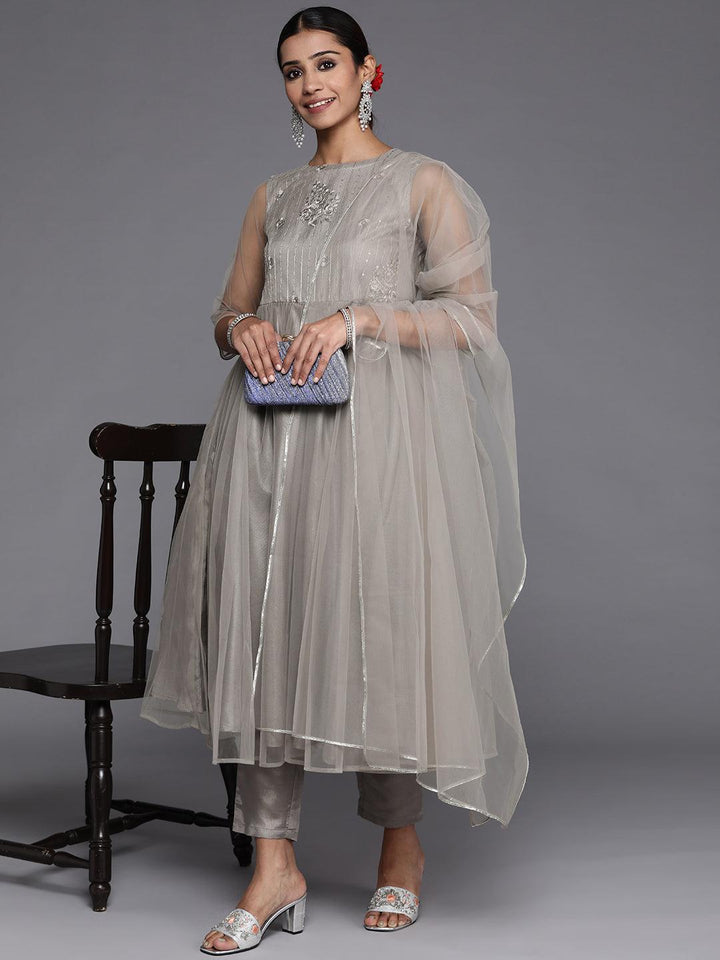 Grey Embroidered Net Anarkali Suit Set With Trousers - Libas