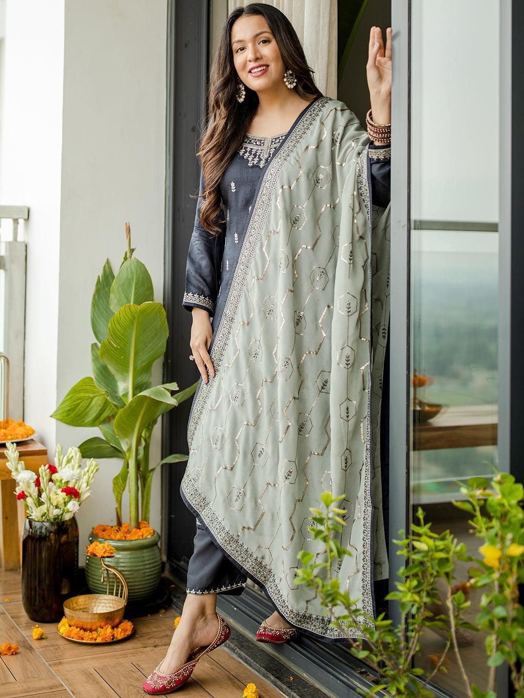 Grey Embroidered Silk Blend Straight Suit Set