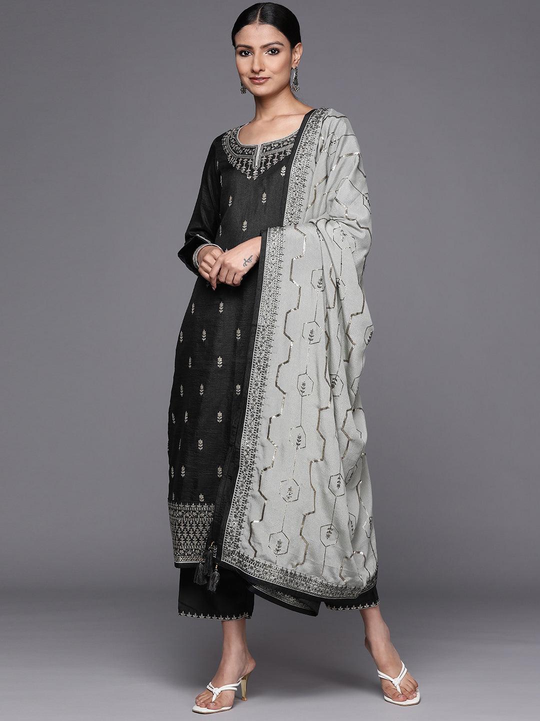 Grey Embroidered Silk Blend Straight Suit Set