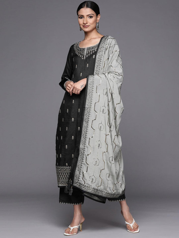 Grey Embroidered Silk Blend Straight Suit Set - ShopLibas