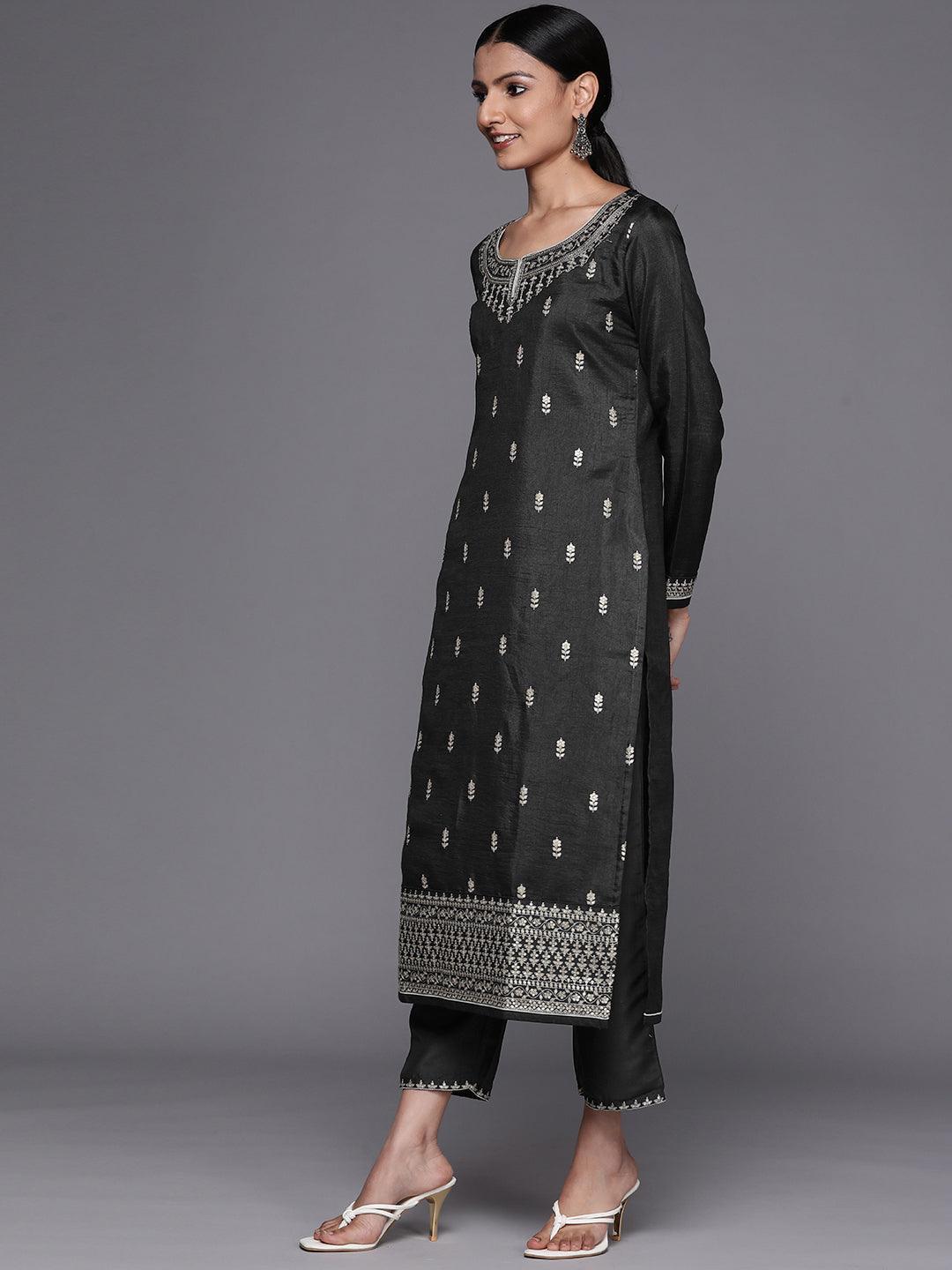 Grey Embroidered Silk Blend Straight Suit Set