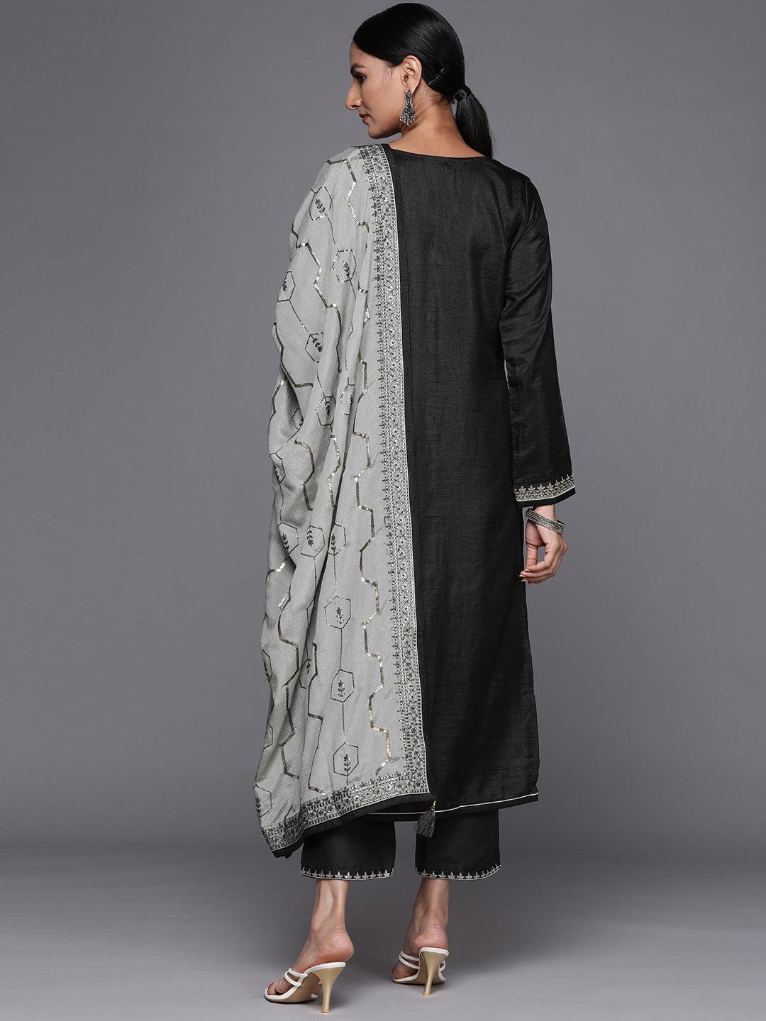 Grey Embroidered Silk Blend Straight Suit Set