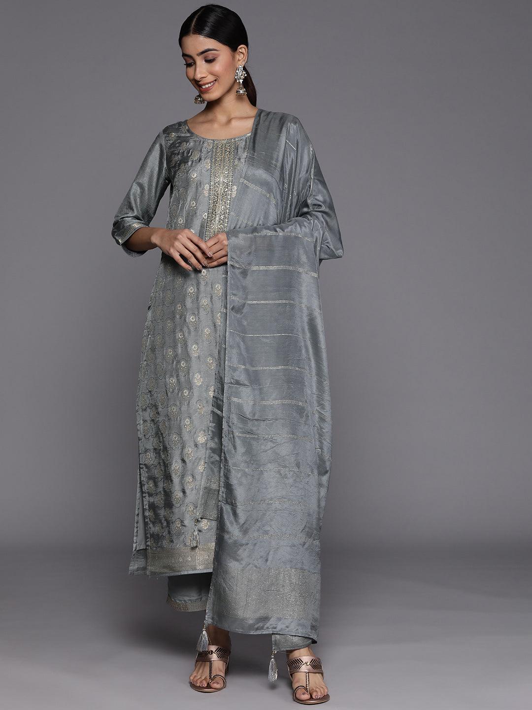 Grey Embroidered Silk Blend Suit Set With Trousers