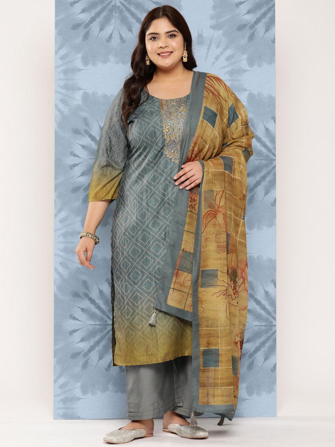 Grey Embroidered Silk Blend Straight Kurta With Trousers and Dupatta