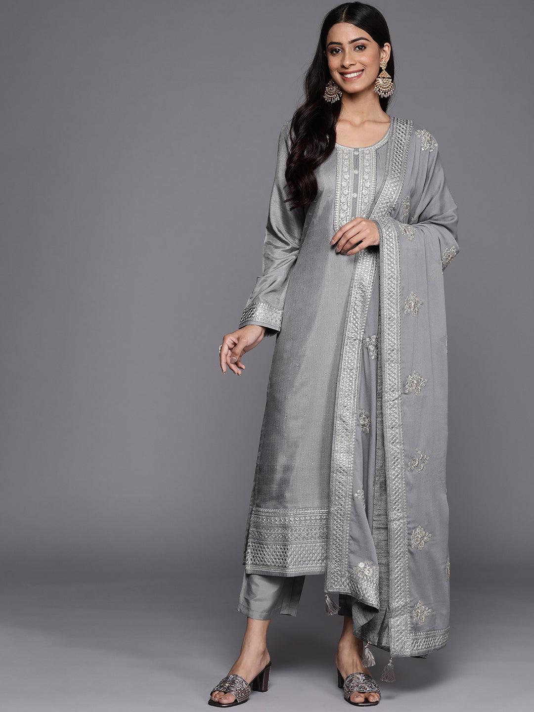 Grey Embroidered Silk Blend Straight Suit Set