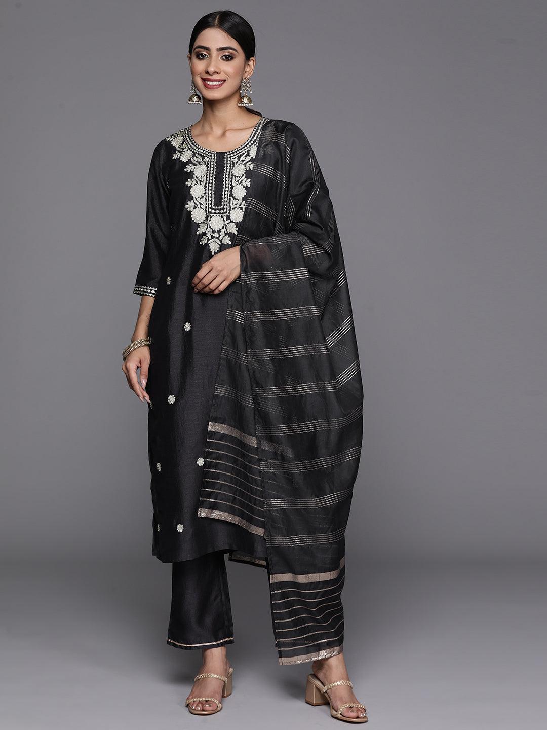 Grey Embroidered Silk Blend Straight Kurta With Trousers & Dupatta - Libas