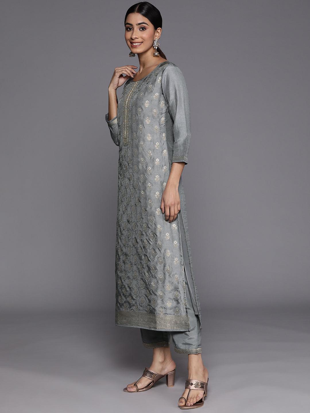 Grey Embroidered Silk Blend Suit Set With Trousers