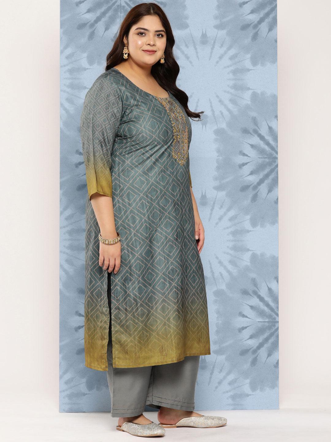 Grey Embroidered Silk Blend Straight Kurta With Trousers and Dupatta