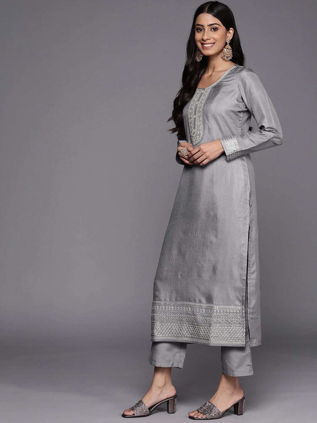 Grey Embroidered Silk Blend Straight Suit Set