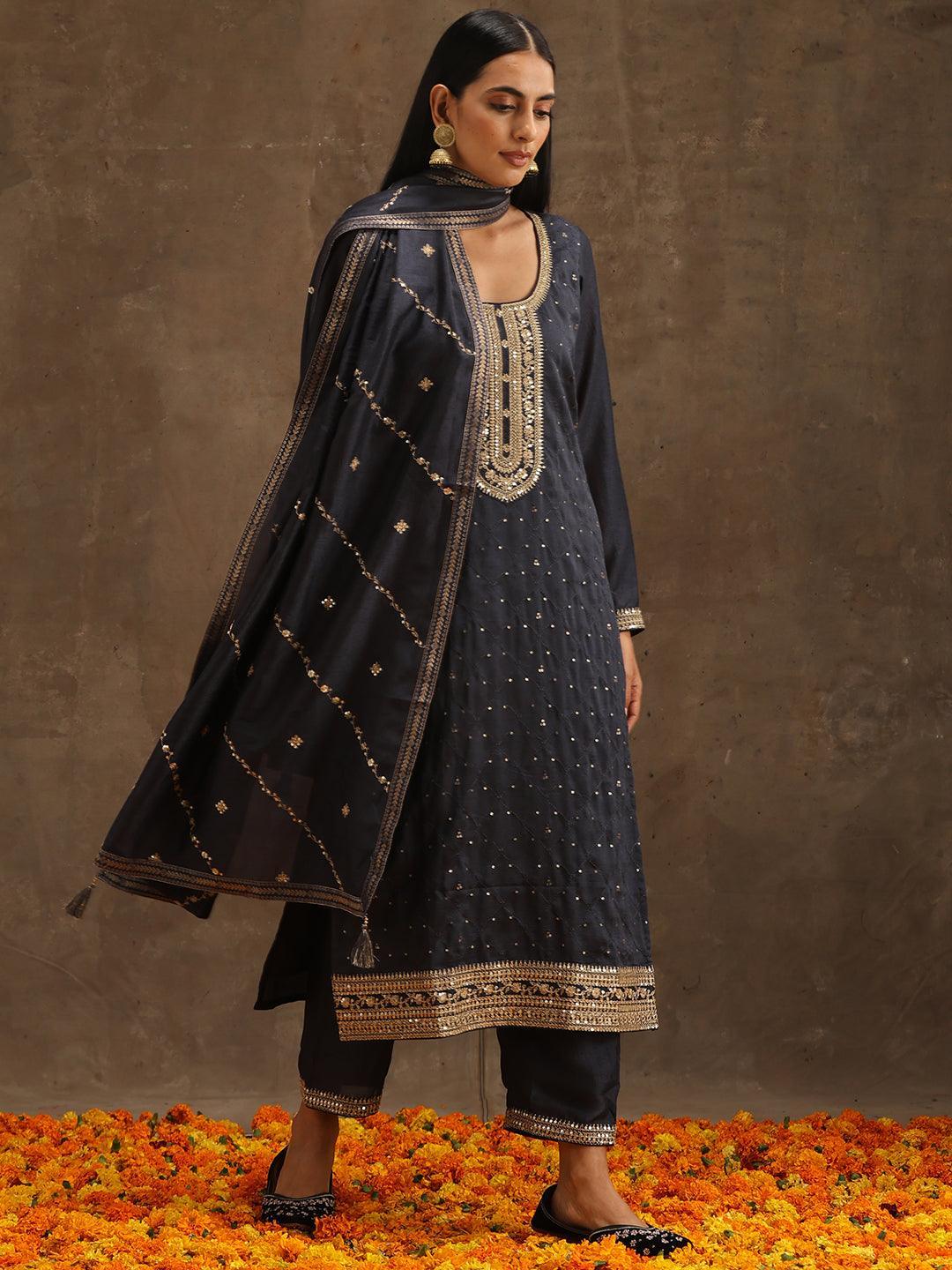 Grey Embroidered Silk Blend Suit Set With Trousers