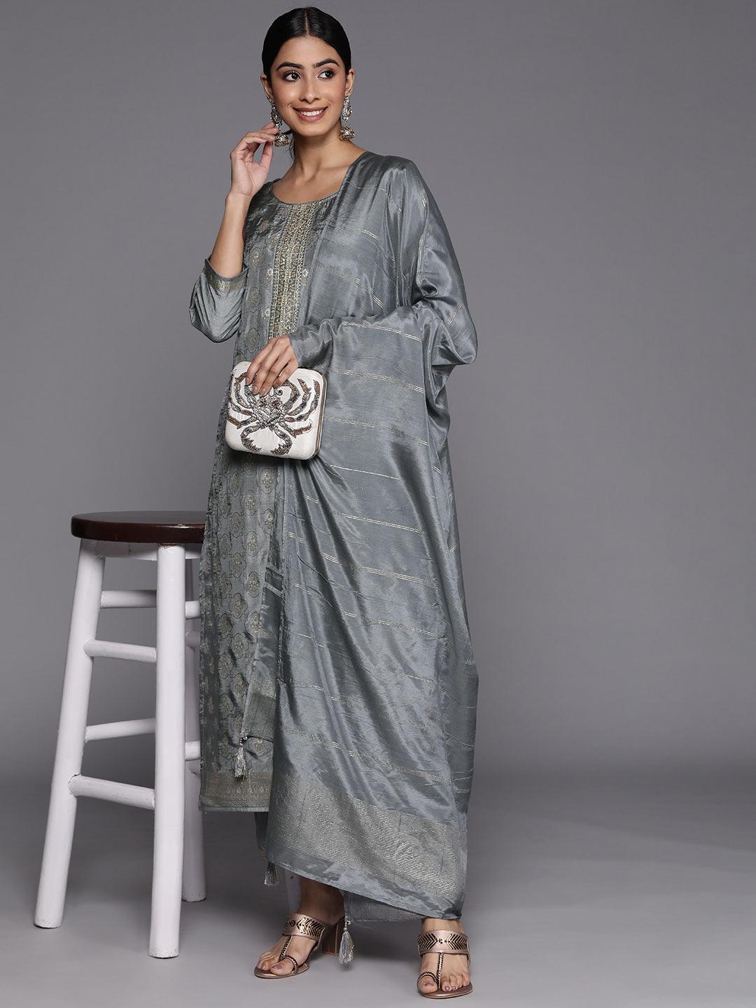 Grey Embroidered Silk Blend Suit Set With Trousers